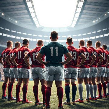 Rugby players stand as one, back view in stadium, proud and prepared for a demanding match,  sports game,  fitness