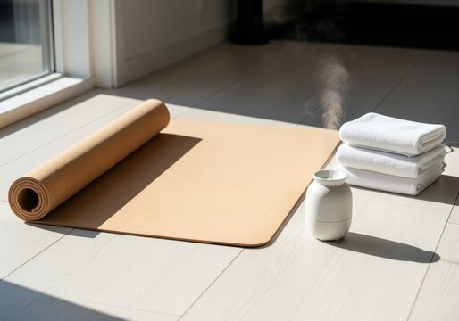 Natural cork yoga mat, essential oil diffuser, and white towels for home fitness