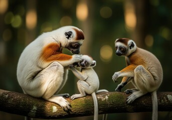 Obraz premium Wildlife scene of sifaka lemur family grooming their baby on a jungle branch
