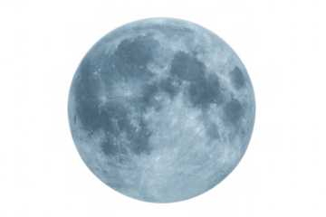 Blue full moon showing detailed lunar surface and craters on transparent background, symbolizing mystery and space exploration
