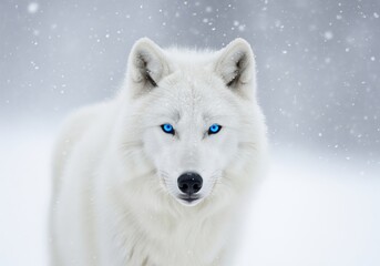Fototapeta premium Intense portrait of a pure white arctic wolf with striking blue eyes during a winter snowstorm.