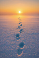  AI-Generated image of a serene winter landscape showing a trail of footprints.
