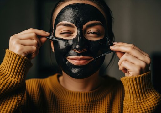 Moody portrait of a woman removing a shiny black peel off mask from her face - Powered by Adobe