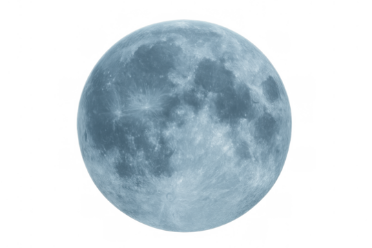 Blue full moon showing detailed lunar surface and craters on transparent background, symbolizing mystery and space exploration