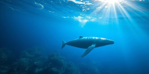 Fototapeta premium Ocean depths teem with vibrant life, a blue whale glides majestically through sun-dappled water, mammal, deep