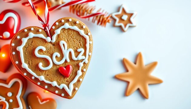 Traditional large gingerbread heart cookie adorned with white icing message 'Schatzi', perfect for festive or affectionate occasions,  Christmas,  schatzi
