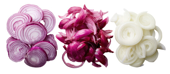 Three piles of sliced red and white onions isolated on transparent background