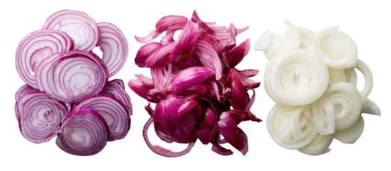 Three piles of sliced red and white onions isolated on transparent background