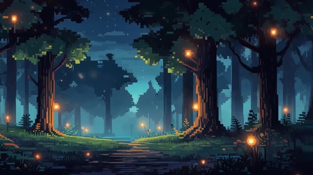 A magical pixel art forest path illuminated by glowing lights at night, creating a serene and enchanting nocturnal scene.