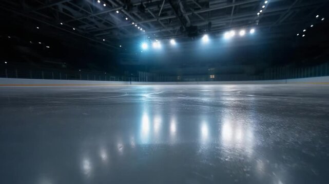video 4K Empty illuminated ice hockey arena with bright spotlights and reflection on frozen surface, modern indoor stadium atmosphere before the game starts hockey