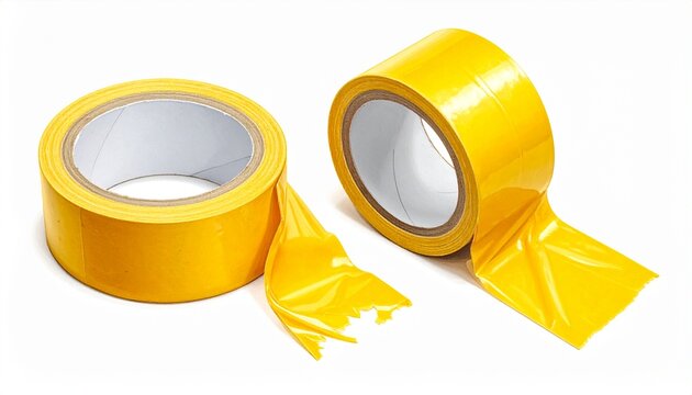 Two rolls of bright yellow adhesive tape on a white background, one partially unrolled and torn, ideal for DIY, packaging, or warning concepts.
