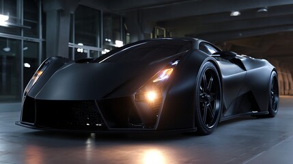 stealth black futuristic racing car, matte finish, sci-fi design, low angle cinematic light, aerodynamic form