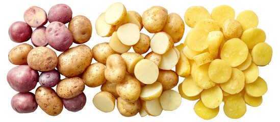 Three varieties of potatoes whole and sliced isolated on transparent background