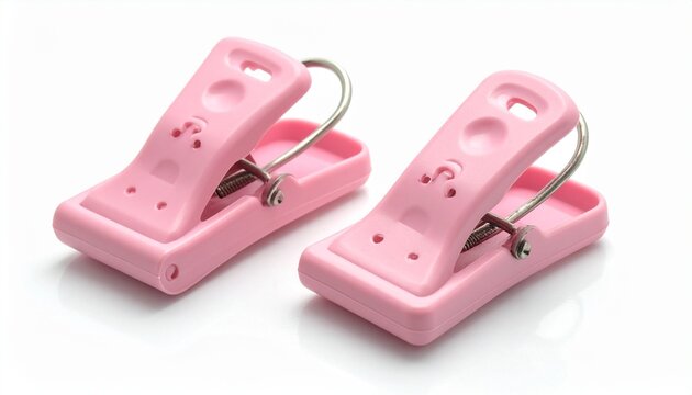 Two pink plastic clothes clips on a white background, perfect for laundry, crafting, or organization.