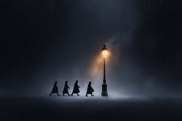 winter street scene, on st nicholas night, a vintage street lamp casts a warm glow, as children in winter coats walk home in the gently falling snow
