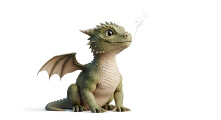 An image of a thoughtful-looking baby dragon with green scales.The dragon is emitting a small puff of smoke from its nostrils, adding a touch of whimsy to the scene.