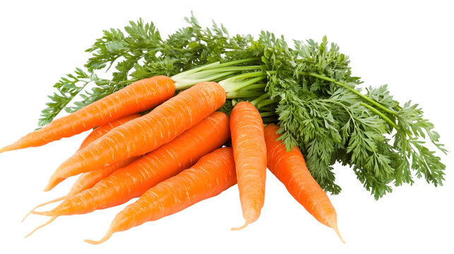 A bunch of fresh carrots with green leafy tops arranged together on a plain black background surface