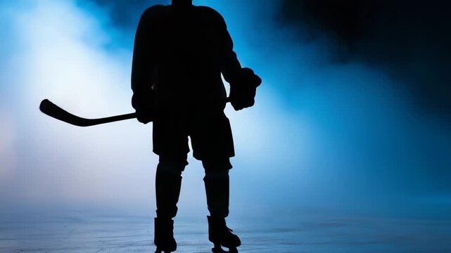 video 4K Silhouette of a hockey player standing on ice arena in blue dramatic lighting, holding a stick with smoke and shadows around, powerful sports concept representing