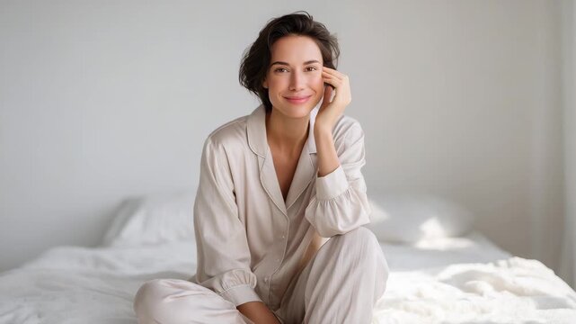 video 4K Smiling woman in beige pajamas sitting on cozy white bed applying facial cream, natural morning light, minimalistic bedroom interior, skincare and self-care morning routine concep