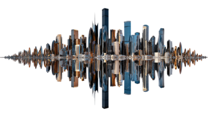 Cityscape Symphony: An artistic abstract rendering of a city skyline, transformed into a dynamic sound wave. A mesmerizing fusion of urban form and sonic expression.