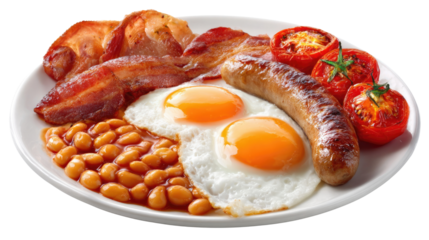 Hearty Breakfast Feast: A close-up shot presents a plate piled high with a classic full English breakfast, showcasing the delicious array of ingredients.