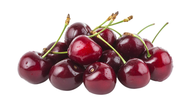 A close up of a pile of dark red cherries with green stems on a black background in bright lighting