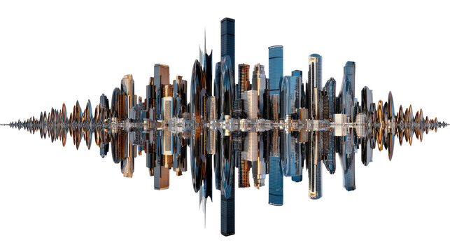 Cityscape Symphony: An artistic abstract rendering of a city skyline, transformed into a dynamic sound wave. A mesmerizing fusion of urban form and sonic expression.
