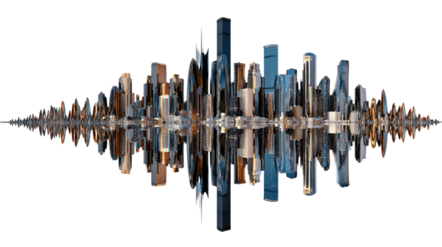 Cityscape Symphony: An artistic abstract rendering of a city skyline, transformed into a dynamic sound wave. A mesmerizing fusion of urban form and sonic expression.