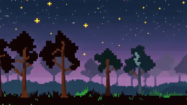 Pixel art night forest scene with stars and dark trees and a gradient sky.