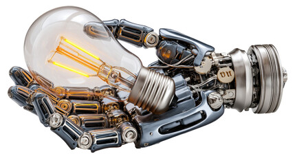 Mechanical Hand of Innovation: A futuristic metallic hand cradles a glowing light bulb, symbolizing innovation and the spark of ideas.