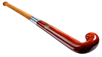 Wooden Hockey Stick: A meticulously crafted wooden hockey stick, elegantly presented with a focus on its quality and design. Evoking a sense of sport and athletic dedication