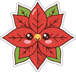 Vector Christmas Poinsettia Icon Festive Plant with Smiling Face
