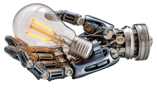 Mechanical Hand of Innovation: A futuristic metallic hand cradles a glowing light bulb, symbolizing innovation and the spark of ideas.
