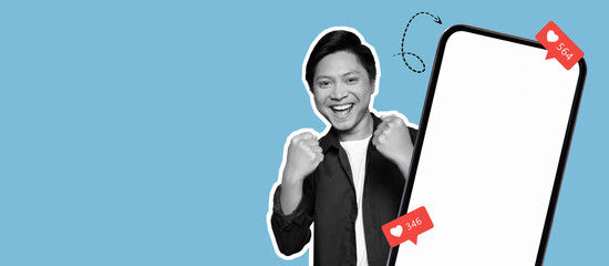 A vibrant collage showcases the joy of social media, featuring a person excitedly raising their fists. Notifications of likes surround a blank smartphone screen, symbolizing virtual interactions.