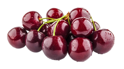 A pile of fresh dark red cherries with green stems and water droplets on a black background