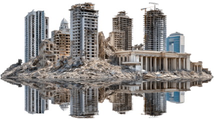 Urban Metamorphosis: A surreal panorama depicts a city's evolution, with modern skyscrapers rising amidst the ruins of ancient structures, creating a stark juxtaposition of past and present.