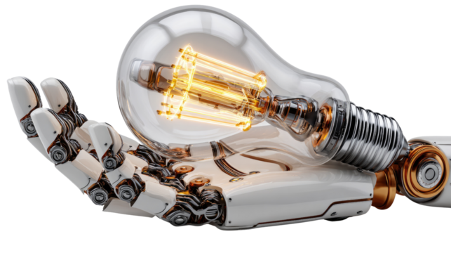 Artificial Intelligence of Idea: A robotic hand tenderly cradles a glowing light bulb, a symbol of innovation, and technological progress. - Powered by Adobe