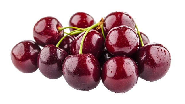 A pile of fresh dark red cherries with green stems and water droplets on a black background