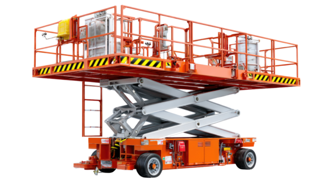 Industrial Scissor Lift: A robust scissor lift stands ready, embodying efficiency in its industrial context. The aerial lift, a symbol of upward mobility and technological advancement.