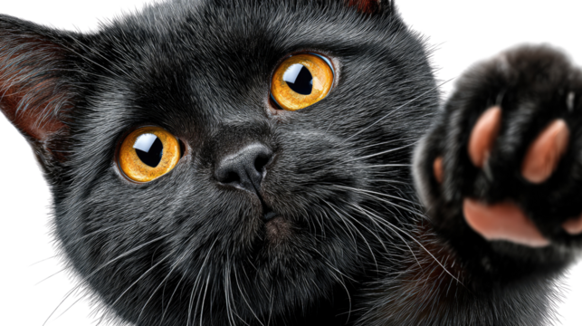 Curious Gaze of a Black Cat: A striking black cat captivates with its captivating golden eyes, paw extended in playful curiosity.
