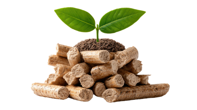 Eco-Friendly Foundation: A symbol of environmental responsibility, depicting wooden pellets supporting a vibrant seedling with fresh green leaves.