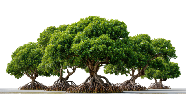Lush Mangrove Tree Group:  An enchanting tableau of a robust group of mangrove trees, their gnarled roots embracing the earth with the vibrant green canopy. a testament to natural strength. - Powered by Adobe
