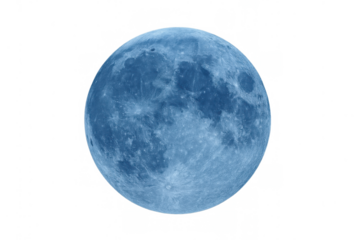 Full blue moon with detailed craters and surface on transparent background, cosmic astronomy concept