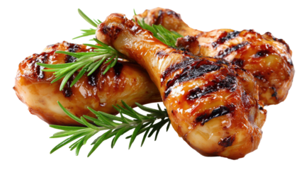 Grilled Chicken Drumsticks: Close-up of three appetizing grilled chicken drumsticks, presented in an appealing arrangement, ready to enjoy