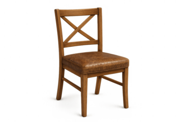 Wooden dining chair with cross back design and brown leather seat, isolated on a transparent background, furniture for home interior