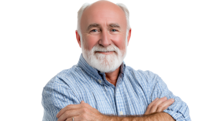 Elderly man with confident smile: A dignified elderly gentleman with a distinguished, white beard and a confident smile, his arms casually crossed, radiating a sense of wisdom and approachability.