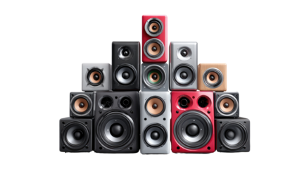 Stack of Speakers: A vibrant collection of speakers, arranged in a visually striking formation, showcasing a spectrum of colors and sizes. This image captures the essence of audio equipment.