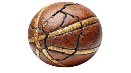 Fractured Leather Sphere: An intricately designed sphere, resembling a basketball, displays a mesmerizing fragmentation effect with a weathered brown leather, enhanced with elegant gold accents.