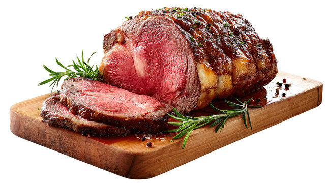 Prime Rib on Wooden Board: An appetizing medium-rare prime rib roast, meticulously sliced and artfully presented on a wooden board, garnished with fresh rosemary.