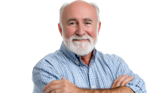 Elderly man with confident smile: A dignified elderly gentleman with a distinguished, white beard and a confident smile, his arms casually crossed, radiating a sense of wisdom and approachability.